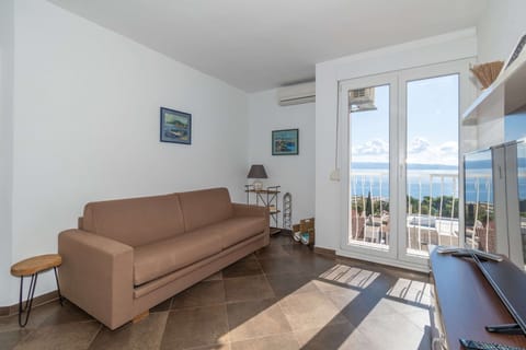 Living room with sofa bed for two guests.