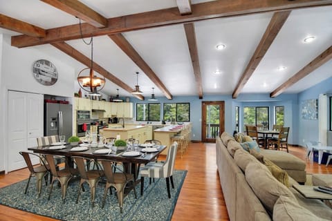 Massive great room with huge beams and lots of space to entertain large groups