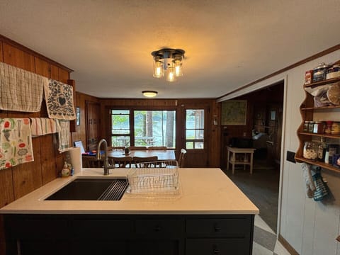 kitchen area overlooking eating area