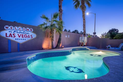 Night time view of pool area.