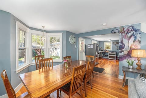 The previous owner left his mark on the house with murals on the walls, adding personality to this sweet stone cottage. 