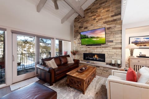 Living Room with Large Deck and Fireplace