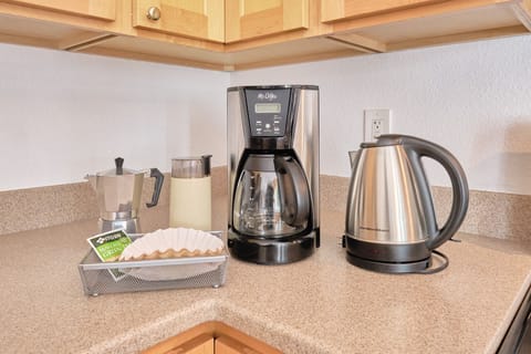 Regular coffee maker, Moka Pot, coffee grinder, and Electric hot water kettle
