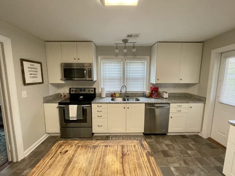 We are fully stocked with coffee maker, Keurig, glasses, utensils and cookware