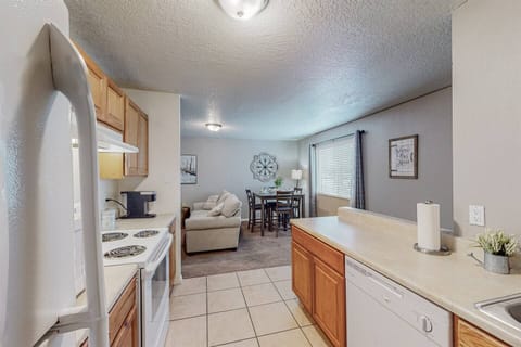 Kitchen and living room are connected in an open space concept.