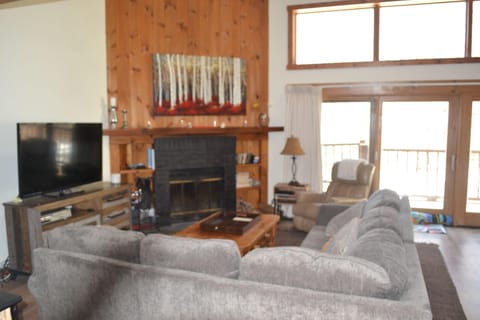 Living room with new pull out sofa, recliner, fireplace, etc.