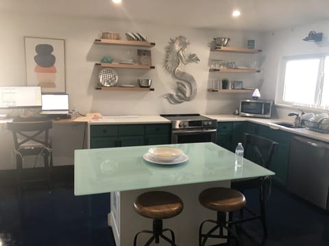 Kitchen, dining and remote work area