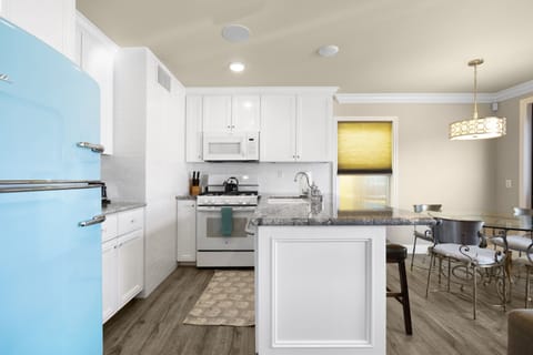 Kitchen has most everything you need for cooking, eating in, etc..