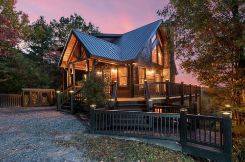 Front of the cabin at sunset