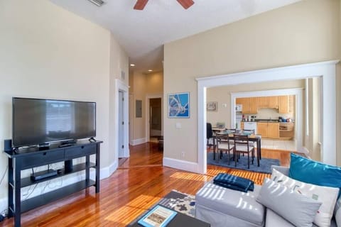 Your apartment has been recently updated with refinished hardwood floors and local art