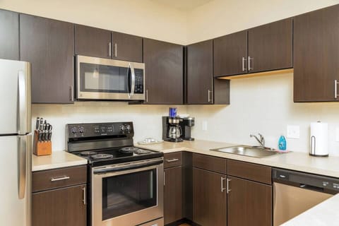 This large kitchen is sparkling clean and comes fully stocked with all of the kitchenware you need to cook a gourmet meal. We even include lots of extras, like a crock pot, blender, toaster, and much more.