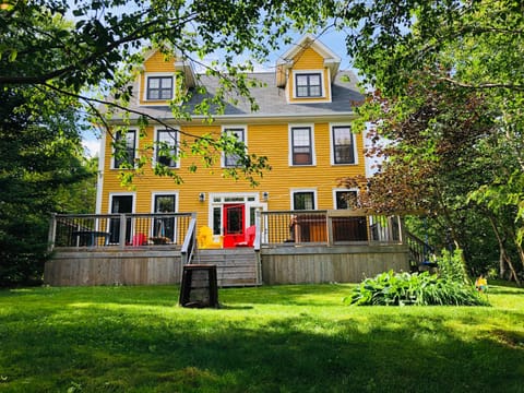 Front of the cottage, this faces the pond with a large deck and hot tub