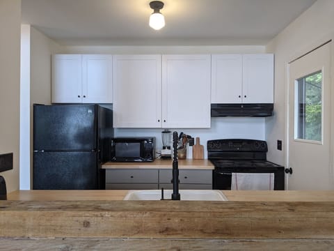The newly renovated kitchen includes basic pantry items