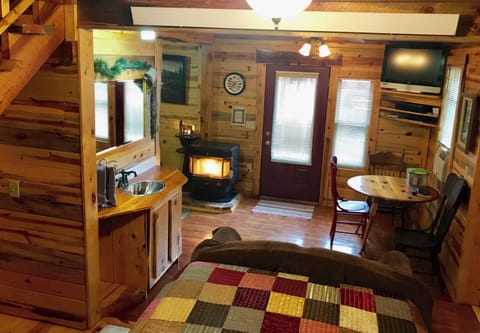Main floor, pellet stove, queen bed