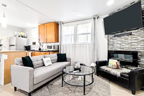 Stylish and modern living room area with open concept to kitchenette