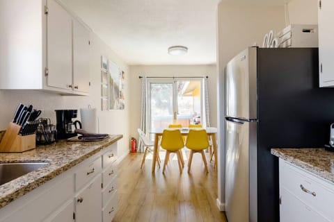 Kitchen, dining and patio.