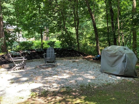 Outdoor seating around fire pit (wood provided) and gas grill.
