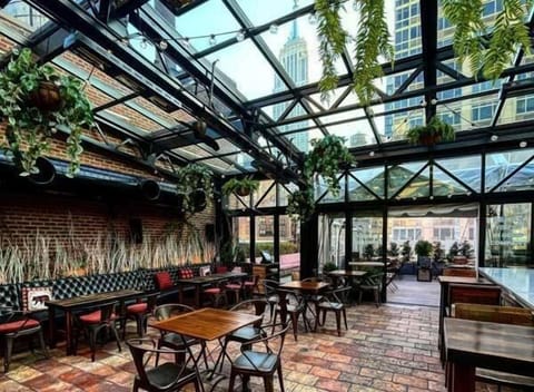 Linger over drinks in a leafy rooftop garden setting.