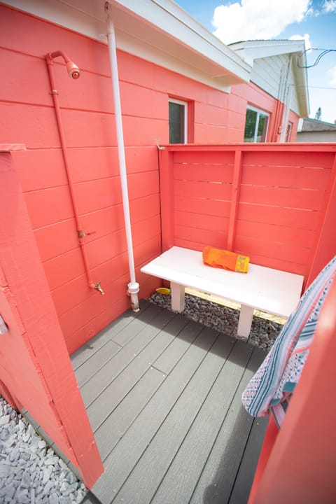Outdoor shower for rinsing off after beach days.
