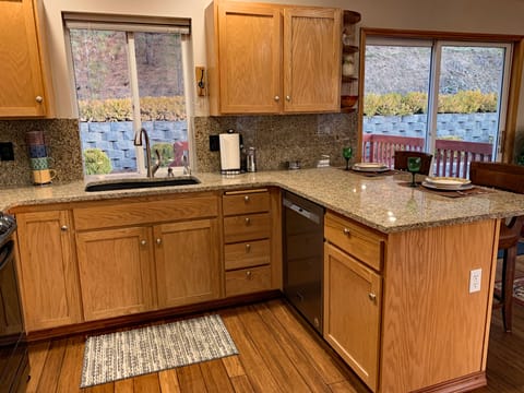 New Granite Counters Tops, S/S Dishwasher and Kitchen view of backyard forest.