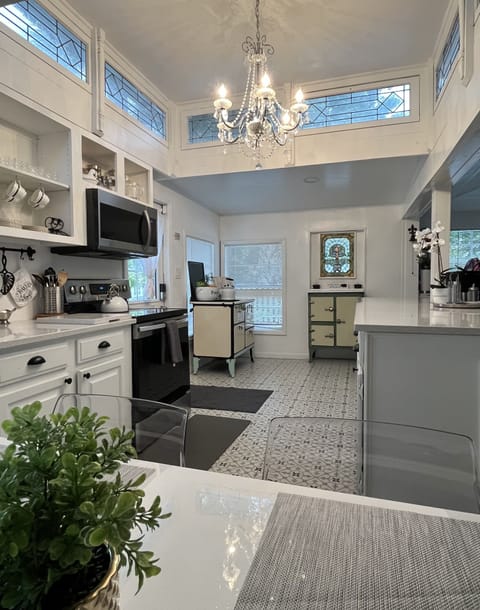 Nostalgic kitchen with modern amenities. 