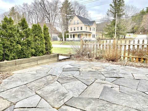 Patio--table w/led lit umbrella and seating for 4 plus propane grill