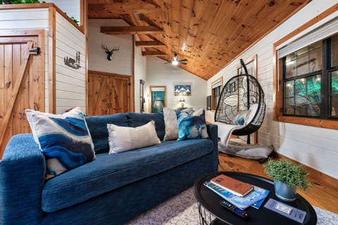 Modern-rustic lounge with vaulted wood ceilings and a cozy swing chair