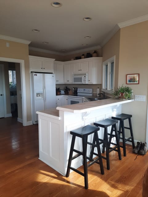 Kitchen area with bar seating for 4 people.