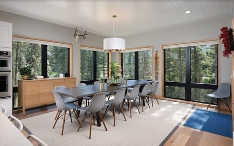 The dining table seats up to 12 people.