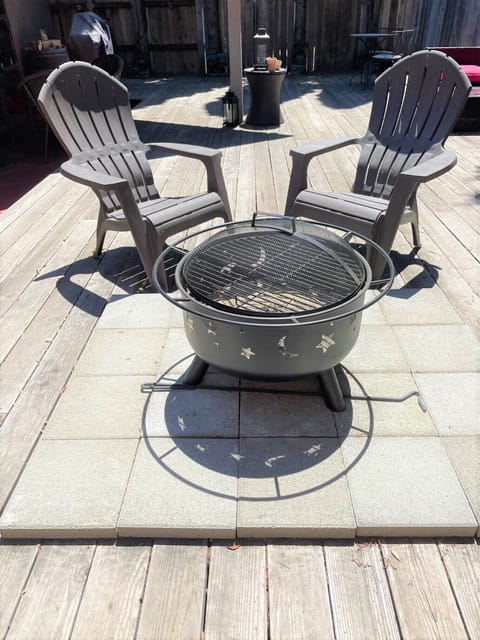 Fire pit on back deck. 