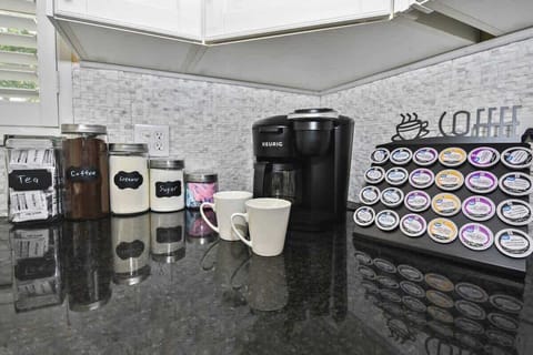 Complimentary coffee, coffee filters, k-cups, tea, creamer, sugar and sugar substitutes and a brand new Keurig Duo coffee machine!