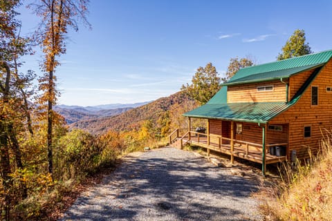 View of the cabin and mountains from the driveway