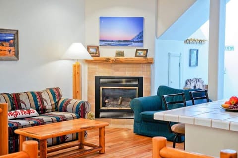 Cozy living room with fireplace and TV.