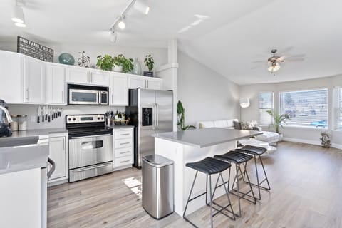 A chef's delight, open concept to living room, family room, and dining area. 