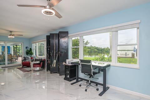 Sit or stand adjustable height desk if you have to work on vacation.