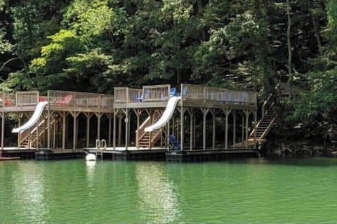 Private Dock. There is one covered slip and room for another boat on the side.