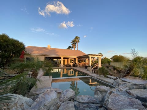 Backyard pool at sunrise