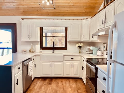 Fully stocked kitchen with quartz countertop, farm sink and new appliances.