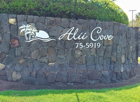 Alli Cove lava rock wall with address at the entry. Across from the ocean.
