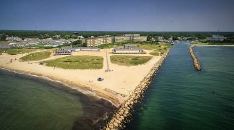 Arieal view of the Belmont featuring an expansive beach facing Nantucket sound.