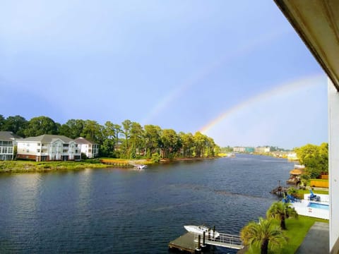 View from Balcony of boat dock and pool