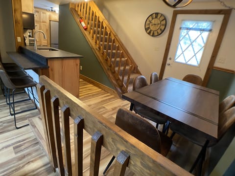 View of the kitchen and dining areas.