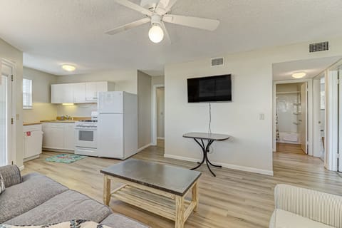 First Floor Living Space with Flat Screen TV and Kitchen Area (Refrigerator, Stove, Sink, Queen Sleeper Sofa)