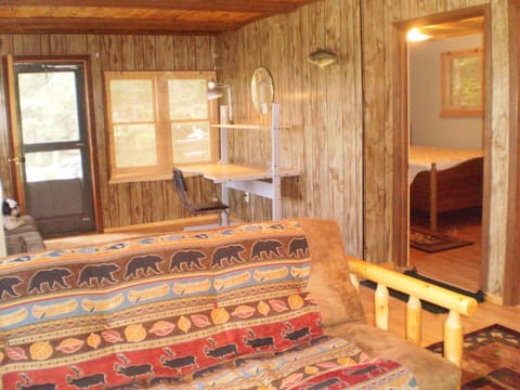 view from LR to bedroom.   Ikea desk for remote working, etc.