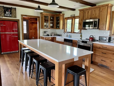 Newly renovated retro-cabin-inspired kitchen.  Big Chill Fridge!