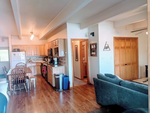 view from fireplace to primary wing, living and kitchen