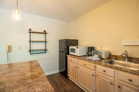 Lower level partial kitchen includes refrigerator, toaster oven, microwave, coffee pot