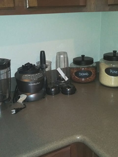 All your favorite kitchen appliances will be at your finger tips including a nutri bullet blender/ food processor, Insta pot, air fryer, thermal 12 cup coffee maker, T-fal cookware