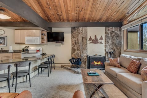 Living room with wood-burning fireplace