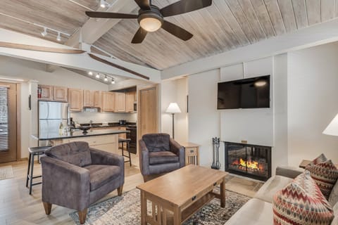 Living room with wood-burning fireplace
